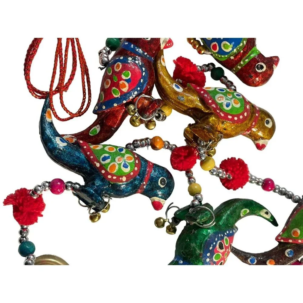 VTG Enameled Birds With Bells Beaded Christmas Garland 2 Strands MCM Colorful‎